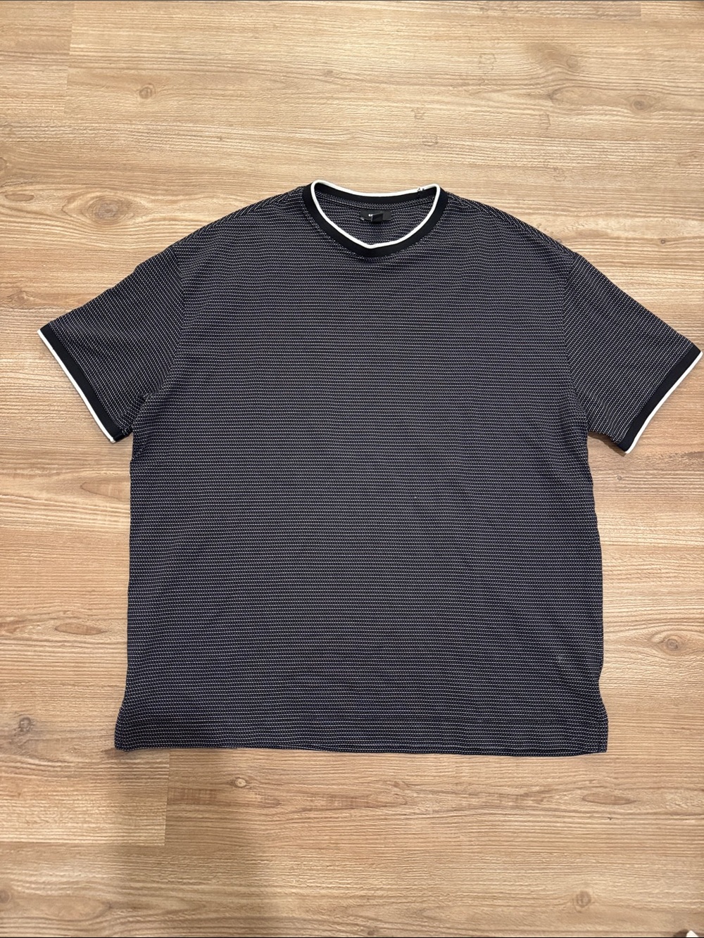 Express Black Micro-Striped Short-Sleeve Crewneck with White Trim